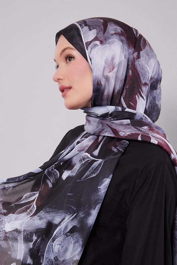 Koyu Yeşil Karışık Yaprak Desen Hint İpeği Şal