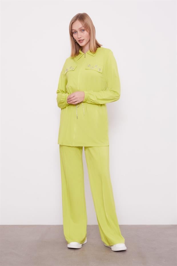 Koyu Yeşil Cepli Belden Büzgülü İkili Takım