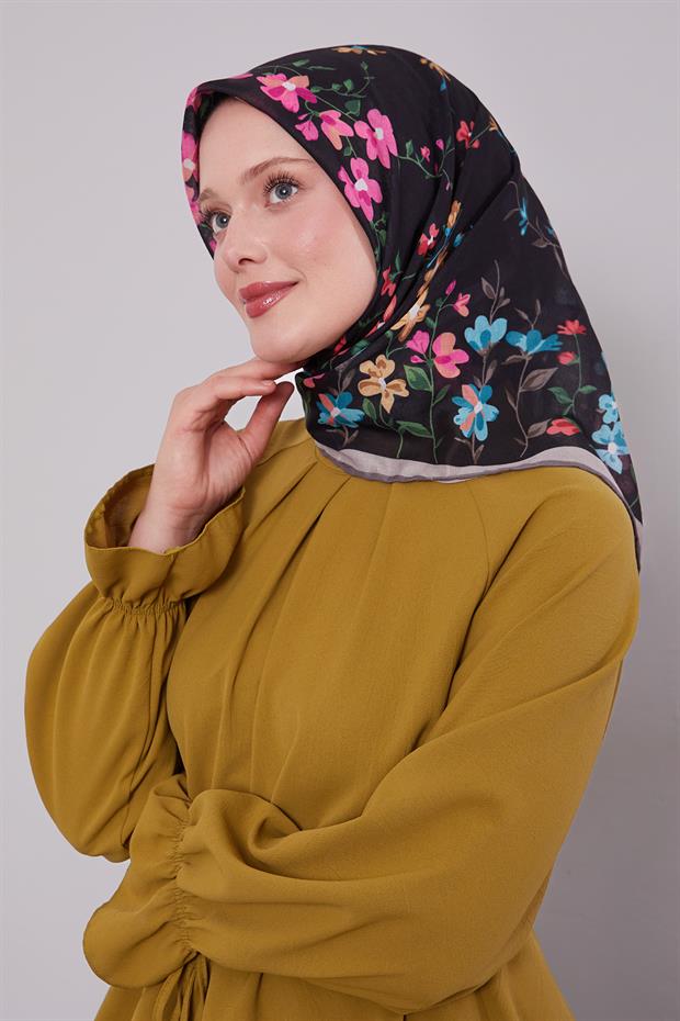 Koyu Vizon Çiçek Dalı Desen Soft Eşarp