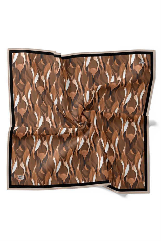 Koyu Kahve Ebruli Desen Twill İpek Eşarp