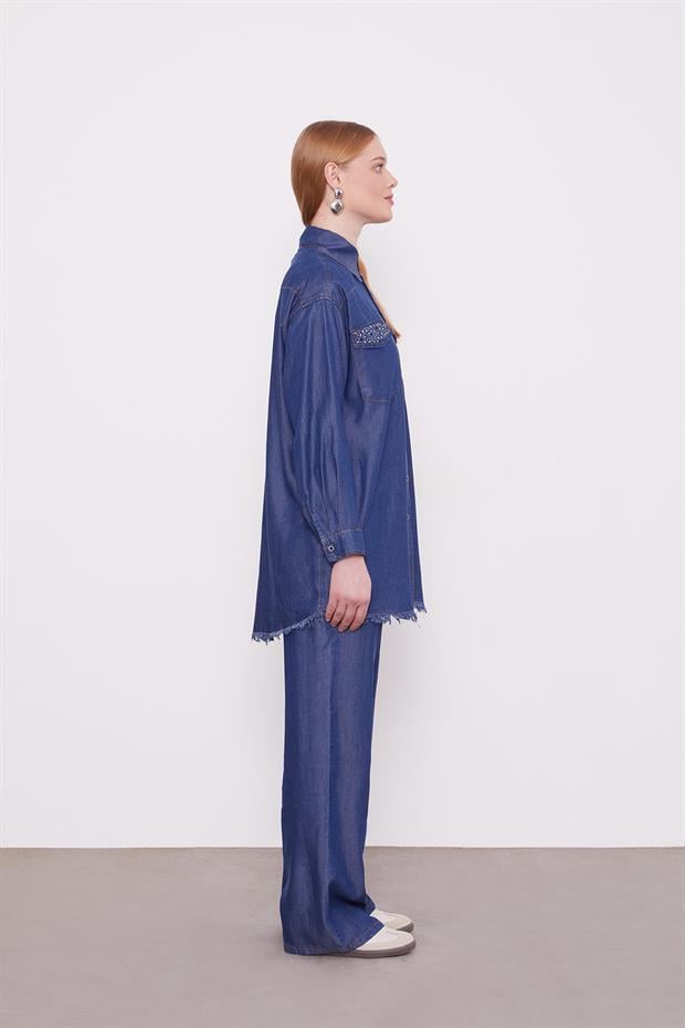 Koyu Mavi Cep Taşlı Denim İkili Takım