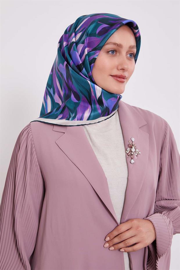 Koyu Yeşil Ebruli Desen Twill İpek Eşarp