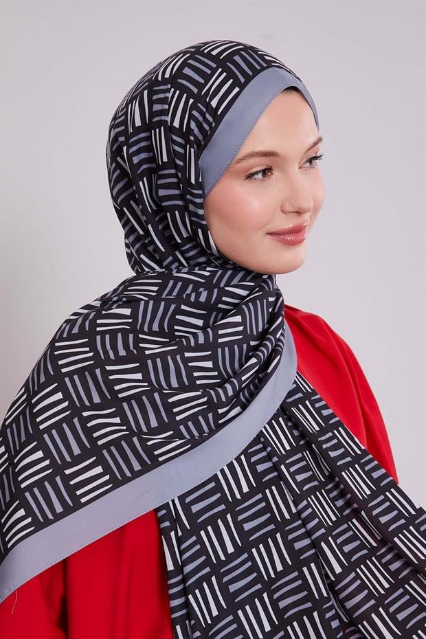 Koyu Gri Kare Çizgi Desen Club Şal