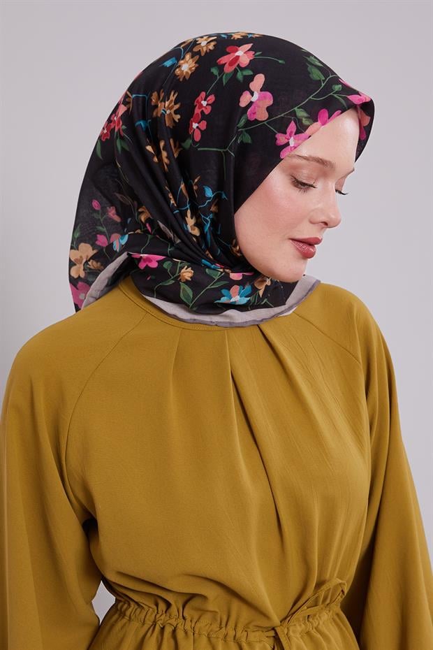 Koyu Vizon Çiçek Dalı Desen Soft Eşarp