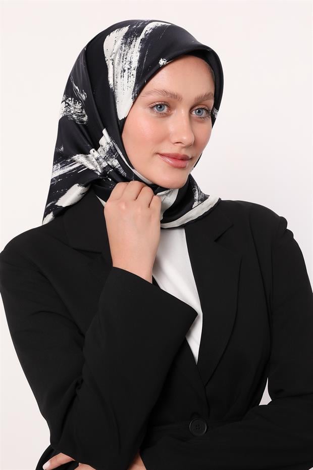 Koyu Lacivert Fırça İzi Desen Twill İpek Eşarp