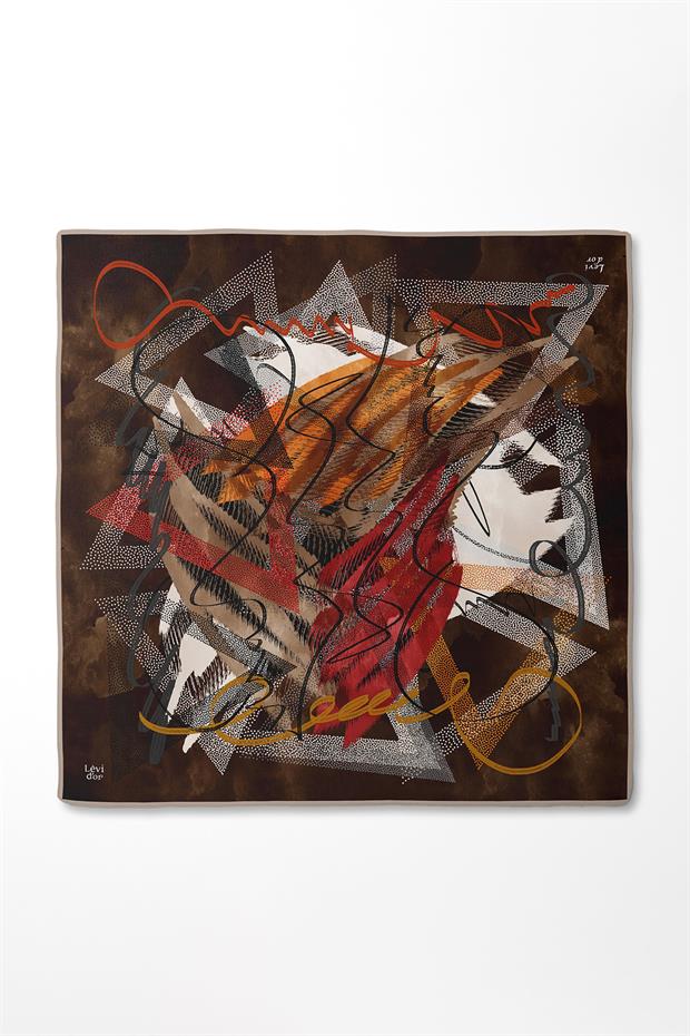 Koyu Kahve Karışık Benek Desen Twill İpek Eşarp