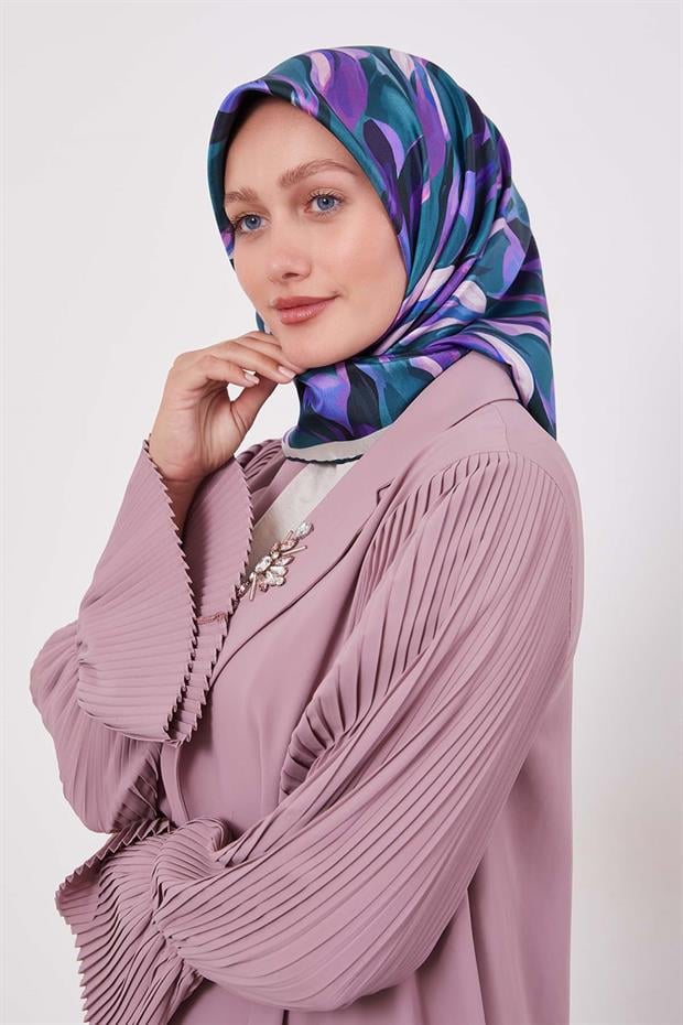 Koyu Yeşil Ebruli Desen Twill İpek Eşarp