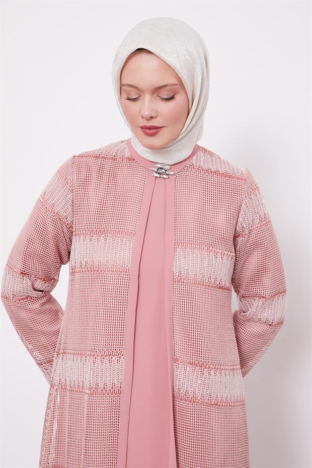 Koyu Pudra Dantel Elbiseli Ferace