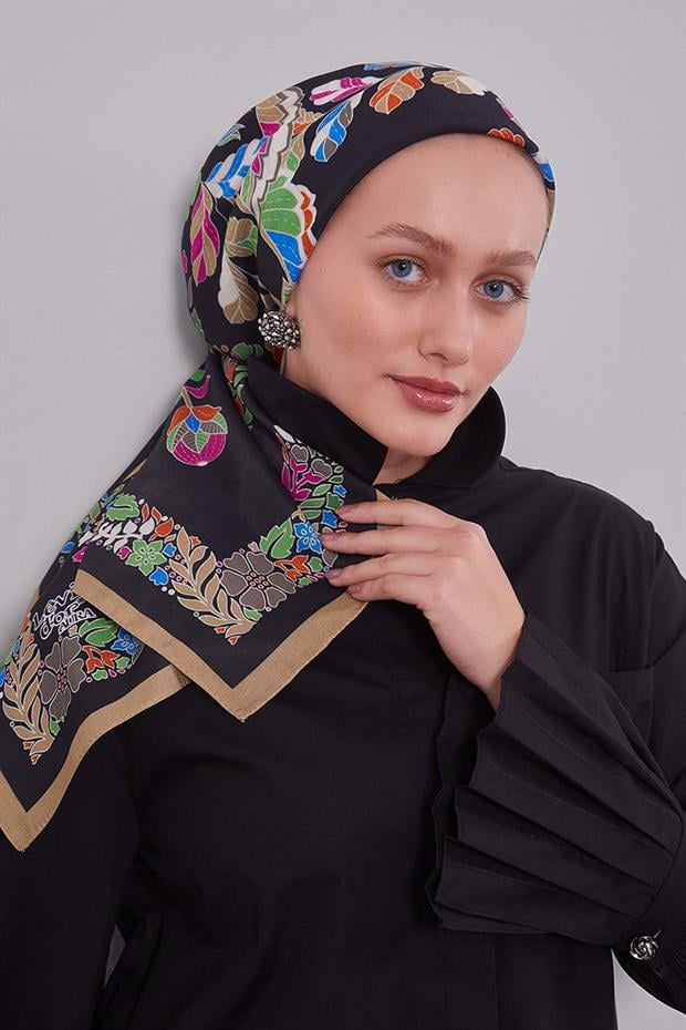 Koyu Vizon Çiçek Yaprak Desen Aura Eşarp