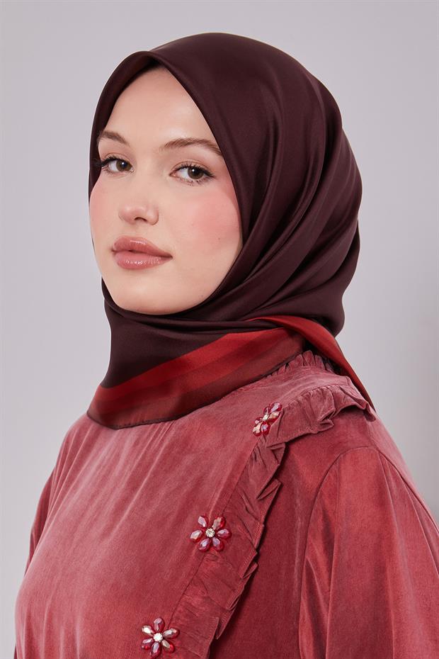 Koyu Bordo Kenar Bordürlü Twill İpek Eşarp