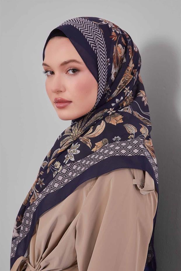 Koyu Lacivert Lale Desen Sport Şal
