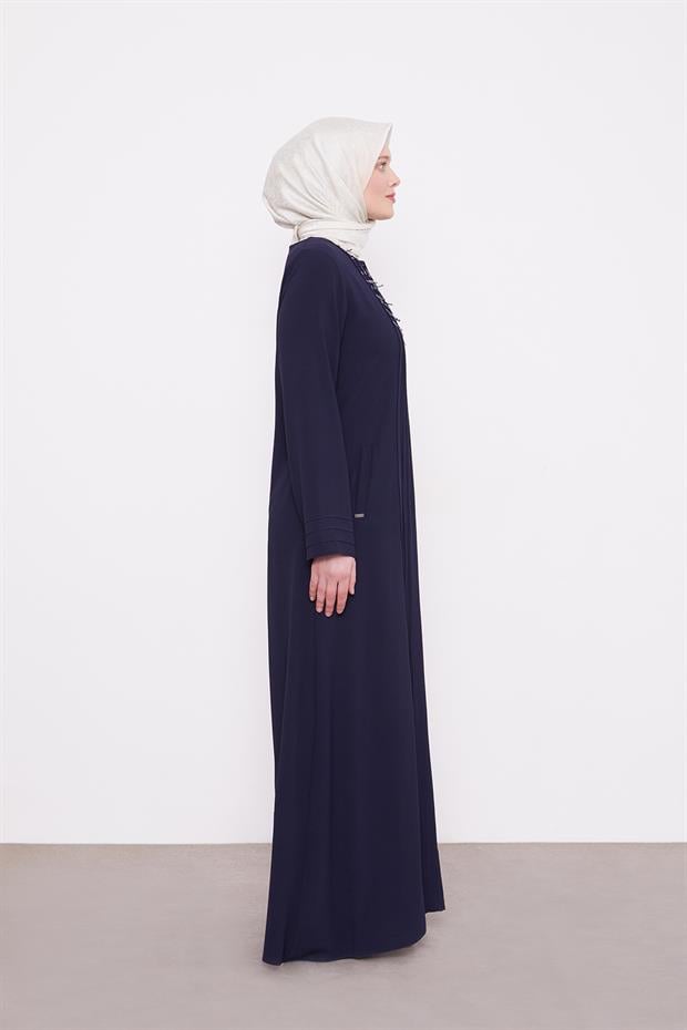 Koyu Lacivert Yaka Şerit Detaylı Ferace