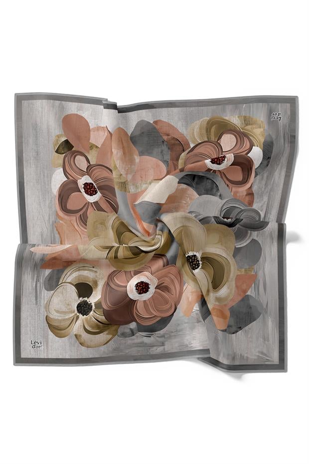 Koyu Gri Menekşe Desen Twill İpek Eşarp