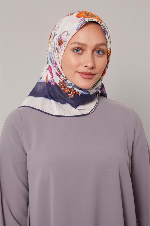 Koyu Lacivert Papatya Desen Pamuk Eşarp