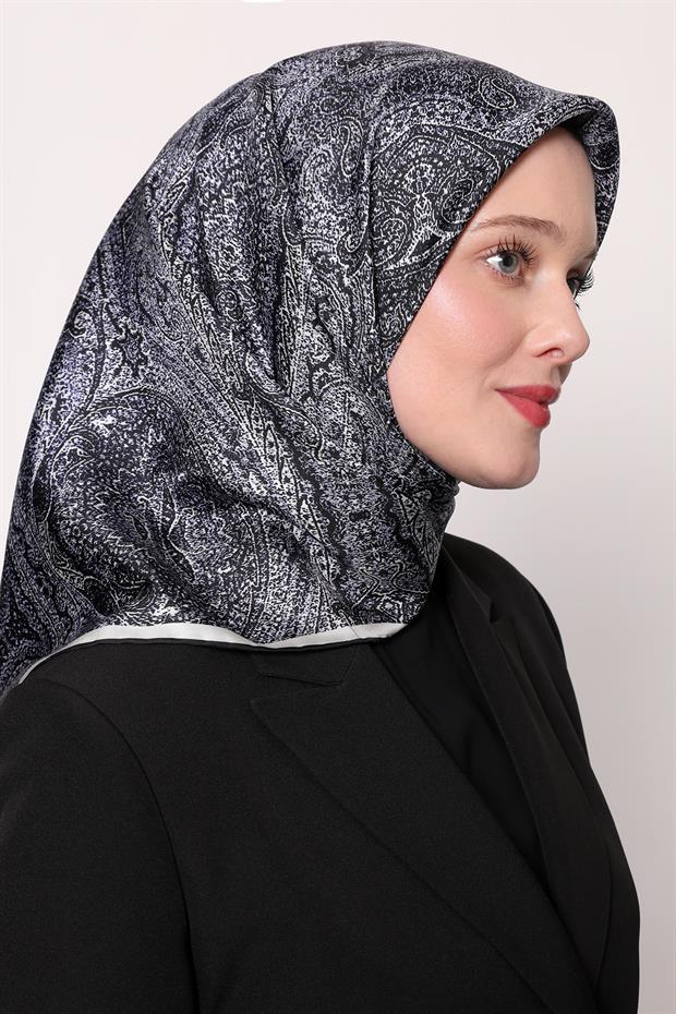 Koyu Lacivert Soyut Etnik Desen Twill İpek Eşarp