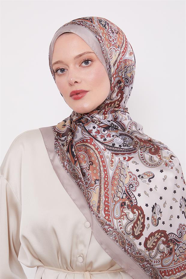 Koyu Vizon Karışık Desenal Hint İpeği Şal