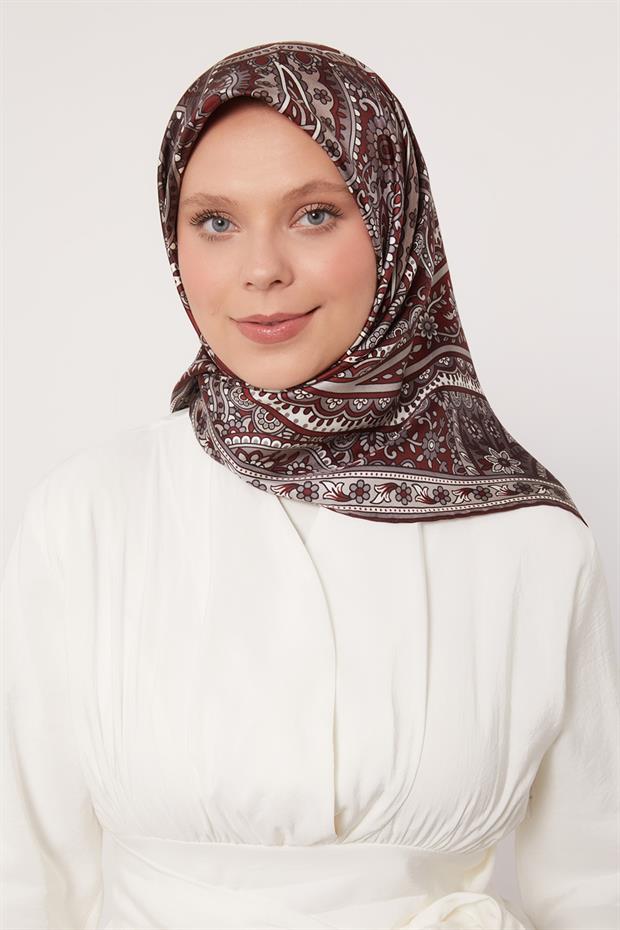 Koyu Bordo Karışık Hint Desen Twill İpek Eşarp