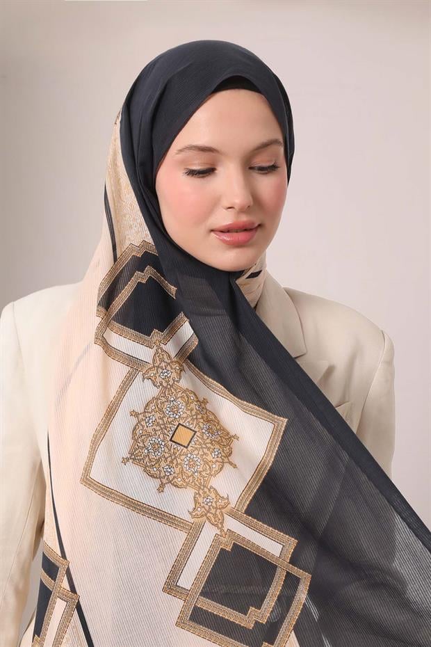 K.Lacivert Varak Desen Pamuk Şal