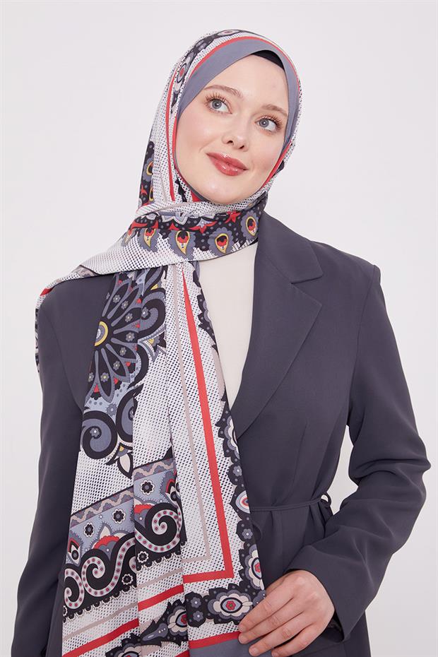 Koyu Gri Kenar Benek Desen Hint İpeği Şal