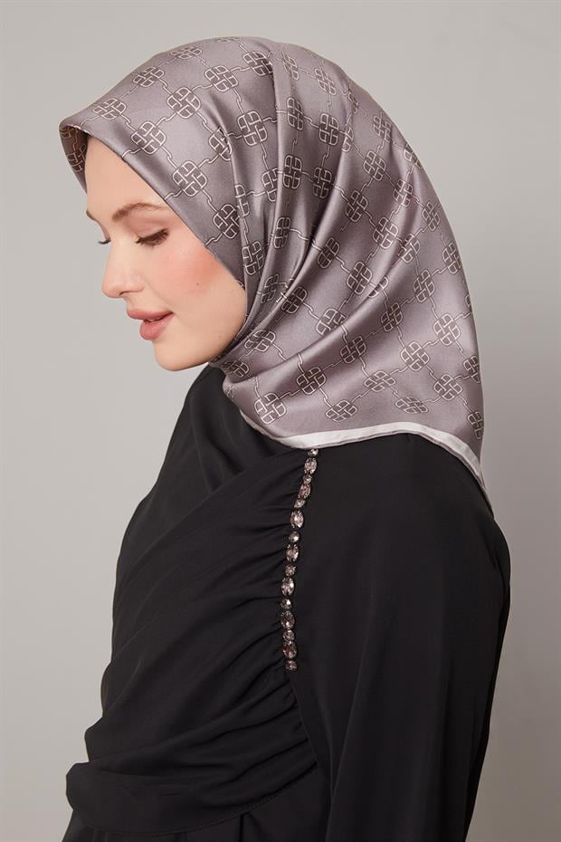 Koyu Vizon Mini Yonca Desen Twill İpek Eşarp