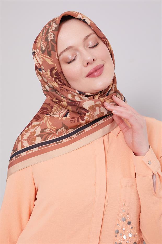 Koyu Vizon Gül Desen Aura Eşarp