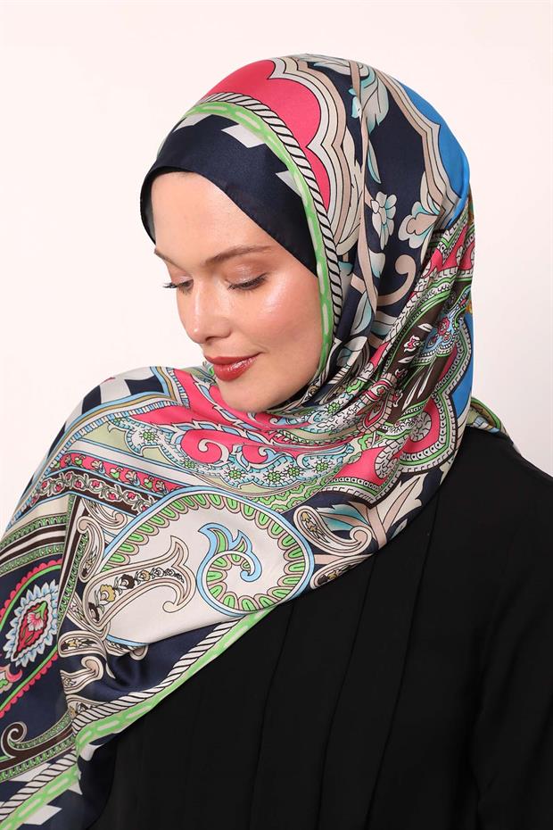 Koyu Lacivert Çizgili Hint İpeği Şal