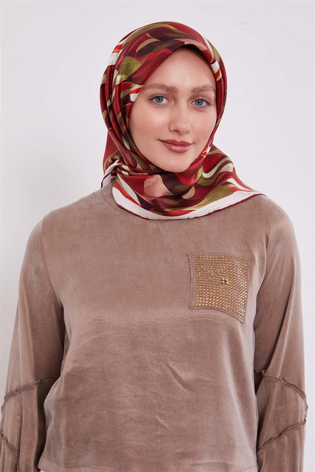 Koyu Bordo Ebruli Desen Twill İpek Eşarp