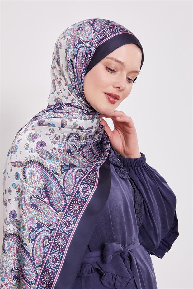 Koyu Lacivert Karma Çiçek Hint İpeği Şal