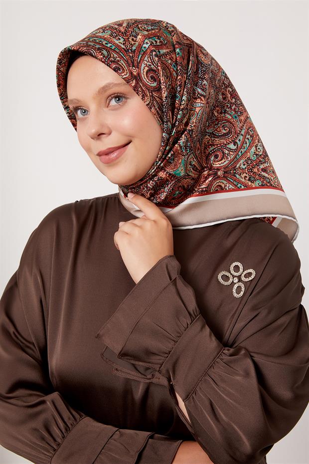 Koyu Vizon Etnik Desen Twill İpek Eşarp