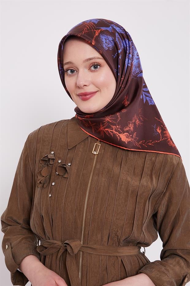 Koyu Bordo Soyut Gül Desen Twill İpek Eşarp