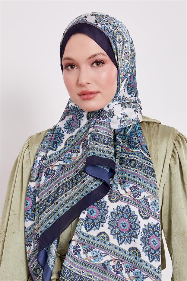 Koyu Lacivert Sarmal Desen Hint İpeği Şal