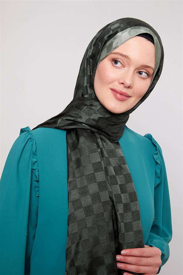 Koyu Yeşil Dama Desen Monogram Şal