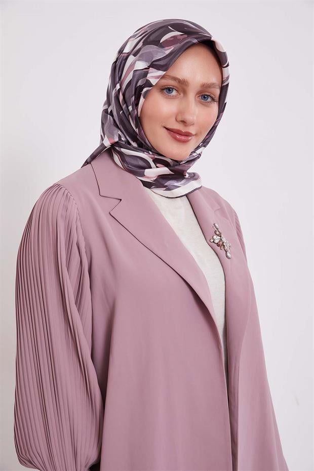 Koyu Mor Ebruli Desen Twill İpek Eşarp