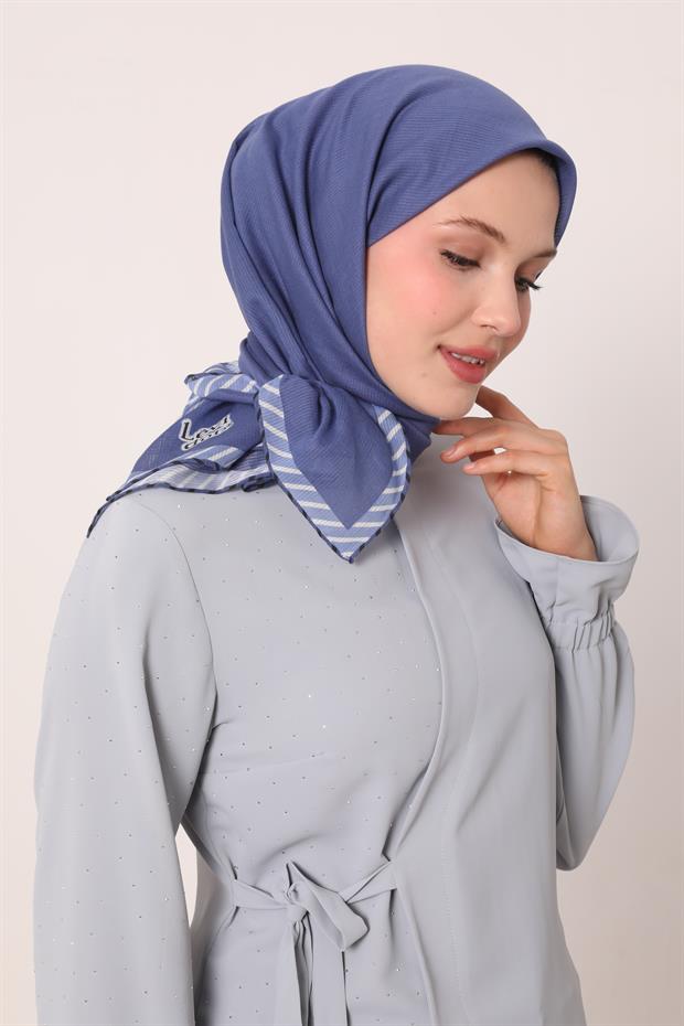 Koyu Lacivert Çizgili Pamuk Eşarp