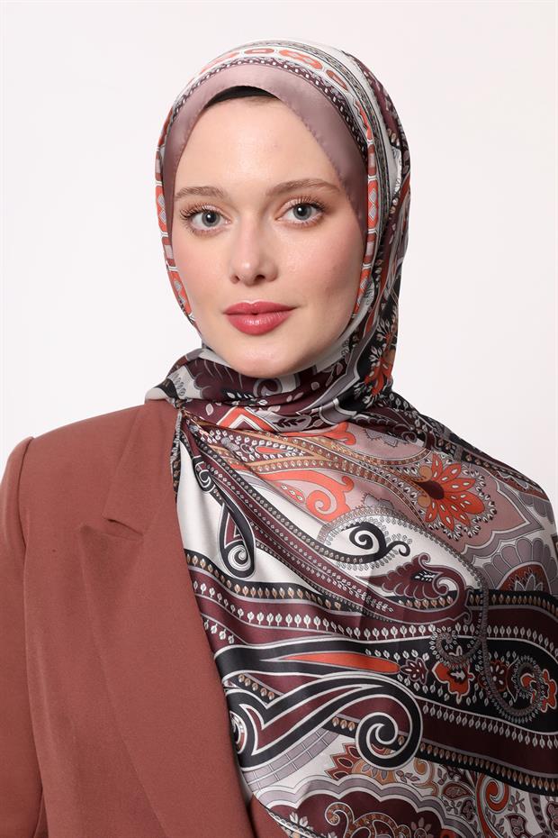 Koyu Bej Kenar Desen Hint İpeği Şal