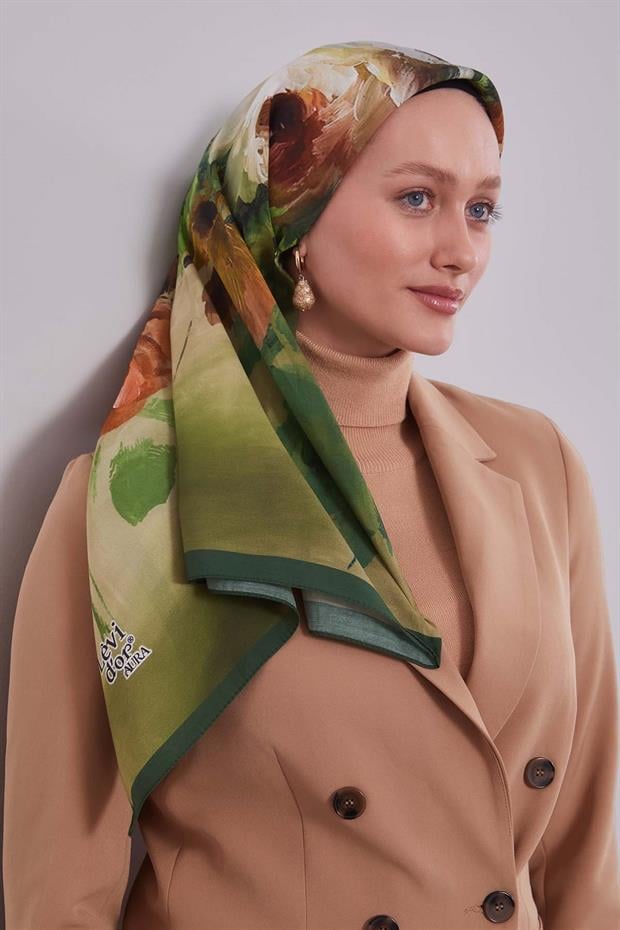 Koyu Yeşil Dal Çiçek Aura Eşarp