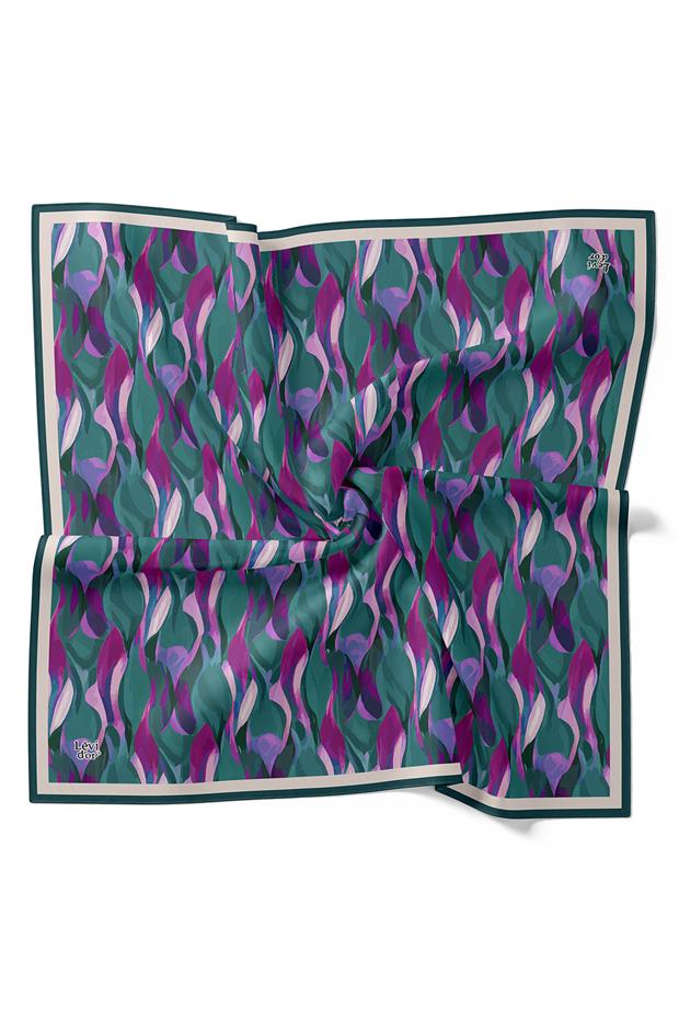 Koyu Yeşil Ebruli Desen Twill İpek Eşarp