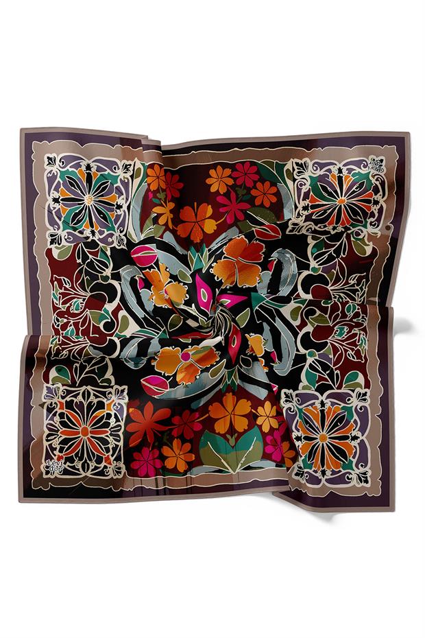 Koyu Vizon Karışık Çiçek Desen Twill İpek Eşarp