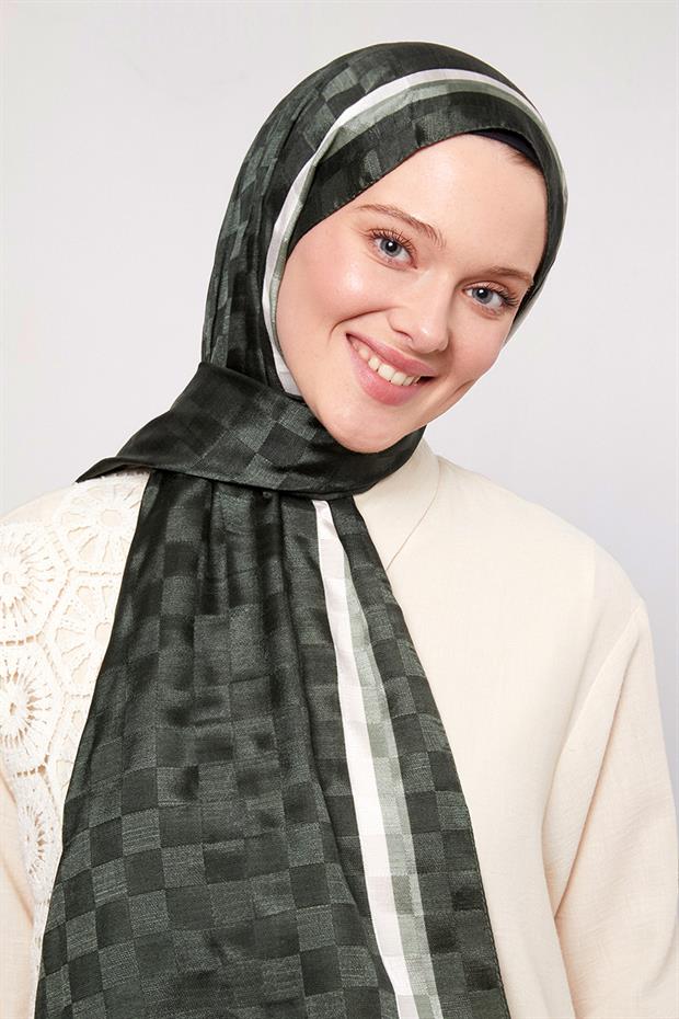 Koyu Yeşil Çizgili Dama Desen Monogram Şal