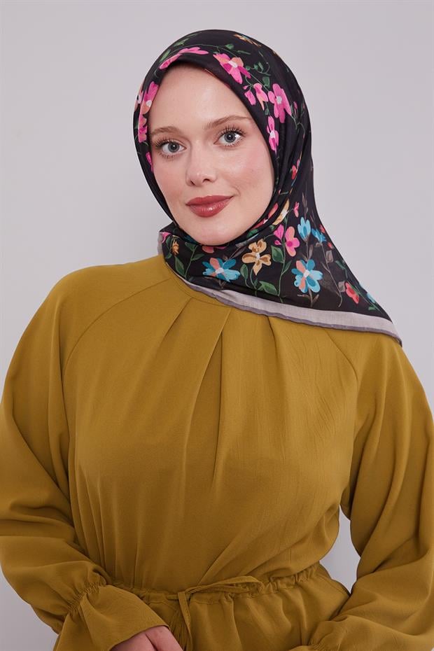 Koyu Vizon Çiçek Dalı Desen Soft Eşarp