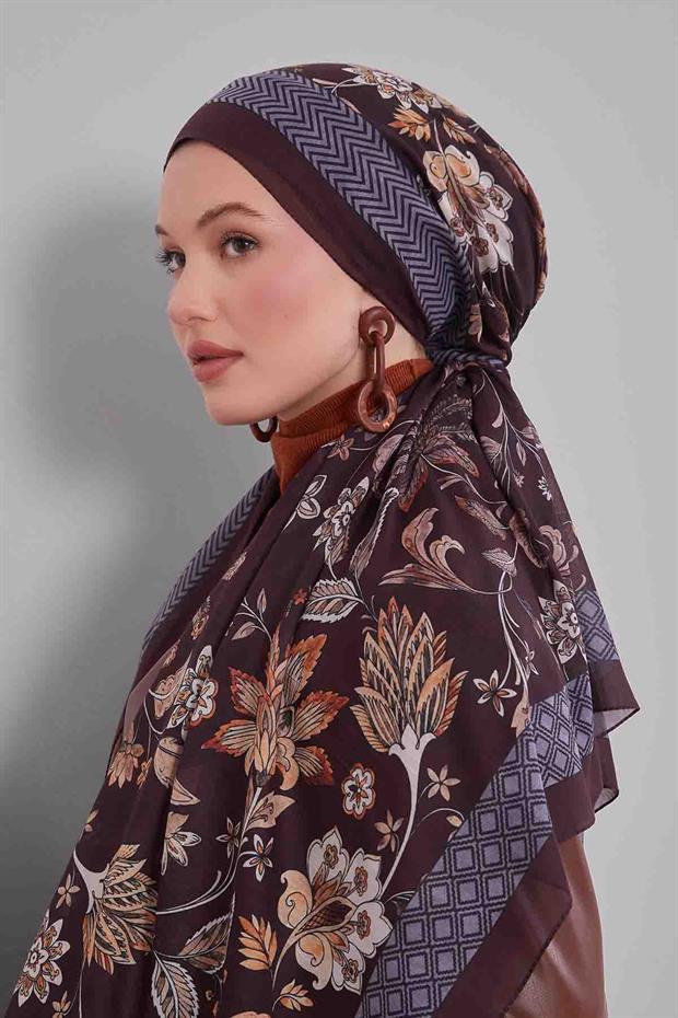 Koyu Kahve Lale Desen Sport Şal