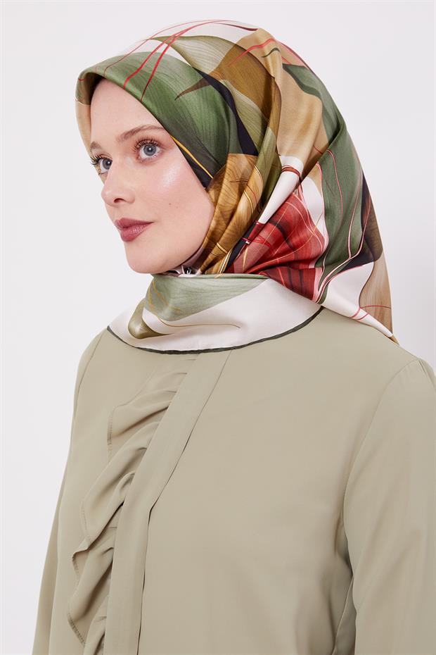 Koyu Yeşil İnce Yaprak Desen Twill İpek Eşarp