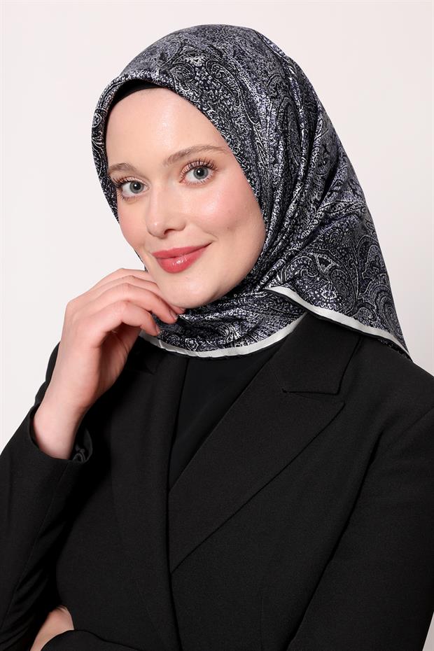 Koyu Lacivert Soyut Etnik Desen Twill İpek Eşarp