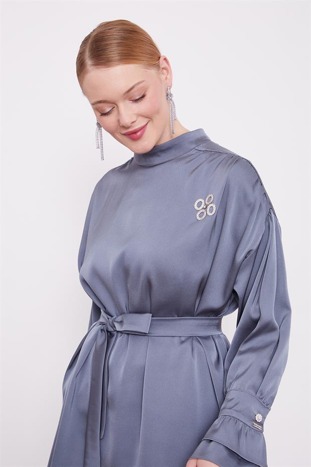 Koyu Gri Kol Fırfır Detaylı İkili Takım