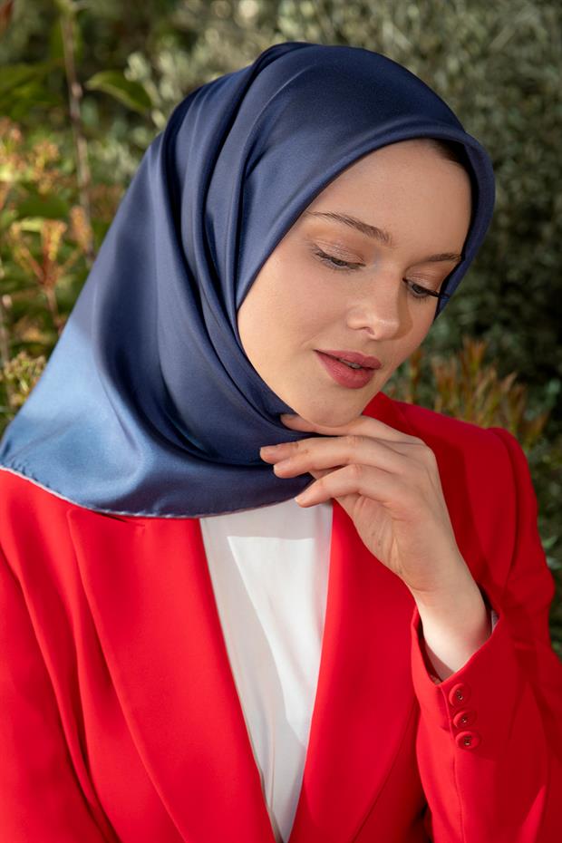Koyu Mavi Çift Taraflı Twill İpek Eşarp