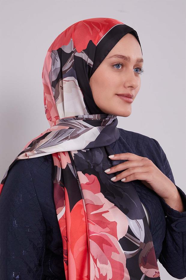 Koyu Pembe Lotus Desen Hint İpeği Şal