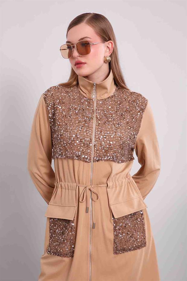 Koyu Bej Pul Cep Detaylı İkili Takım