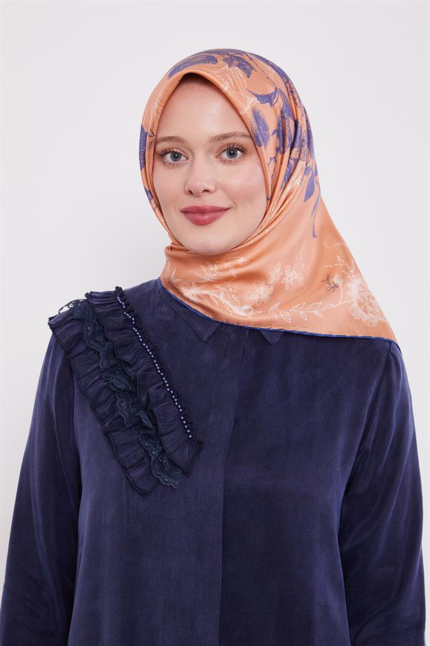 Koyu Somon Soyut Gül Desen Twill İpek Eşarp