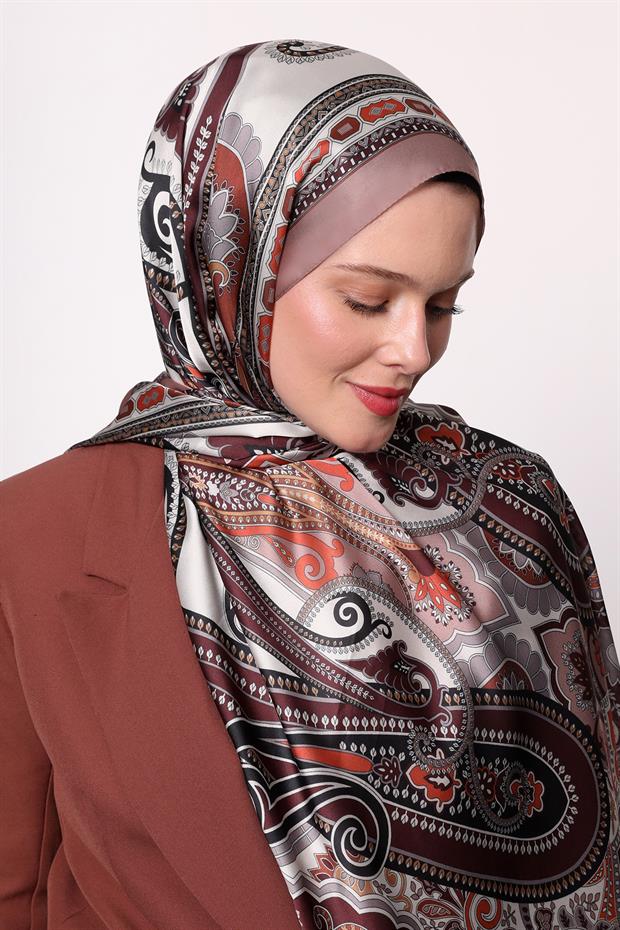 Koyu Bej Kenar Desen Hint İpeği Şal