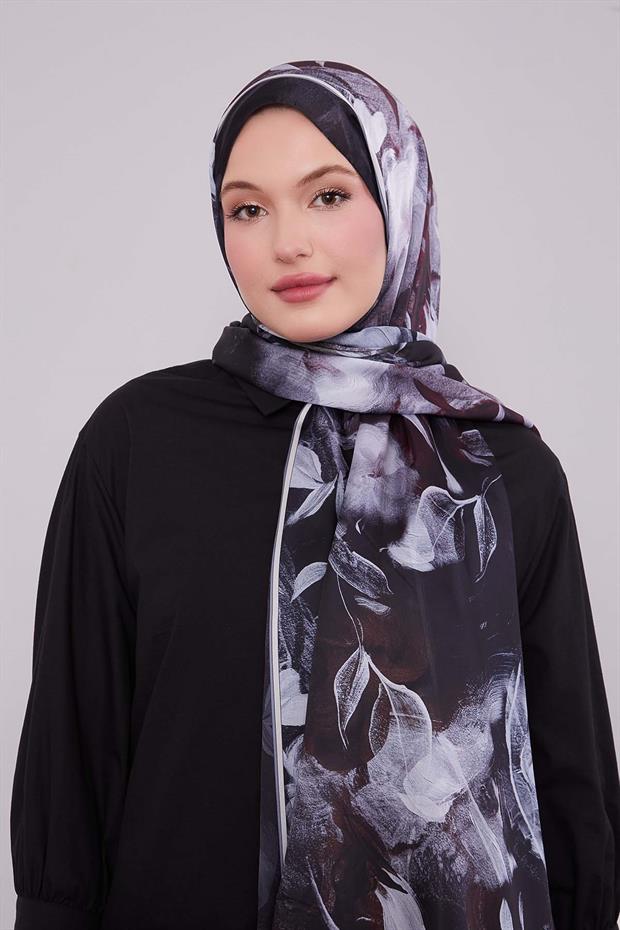 Koyu Yeşil Karışık Yaprak Desen Hint İpeği Şal